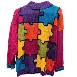 VTG ALL POINT by REFERENCE POINT women SZ L multi color PUZZLE mock sweater
